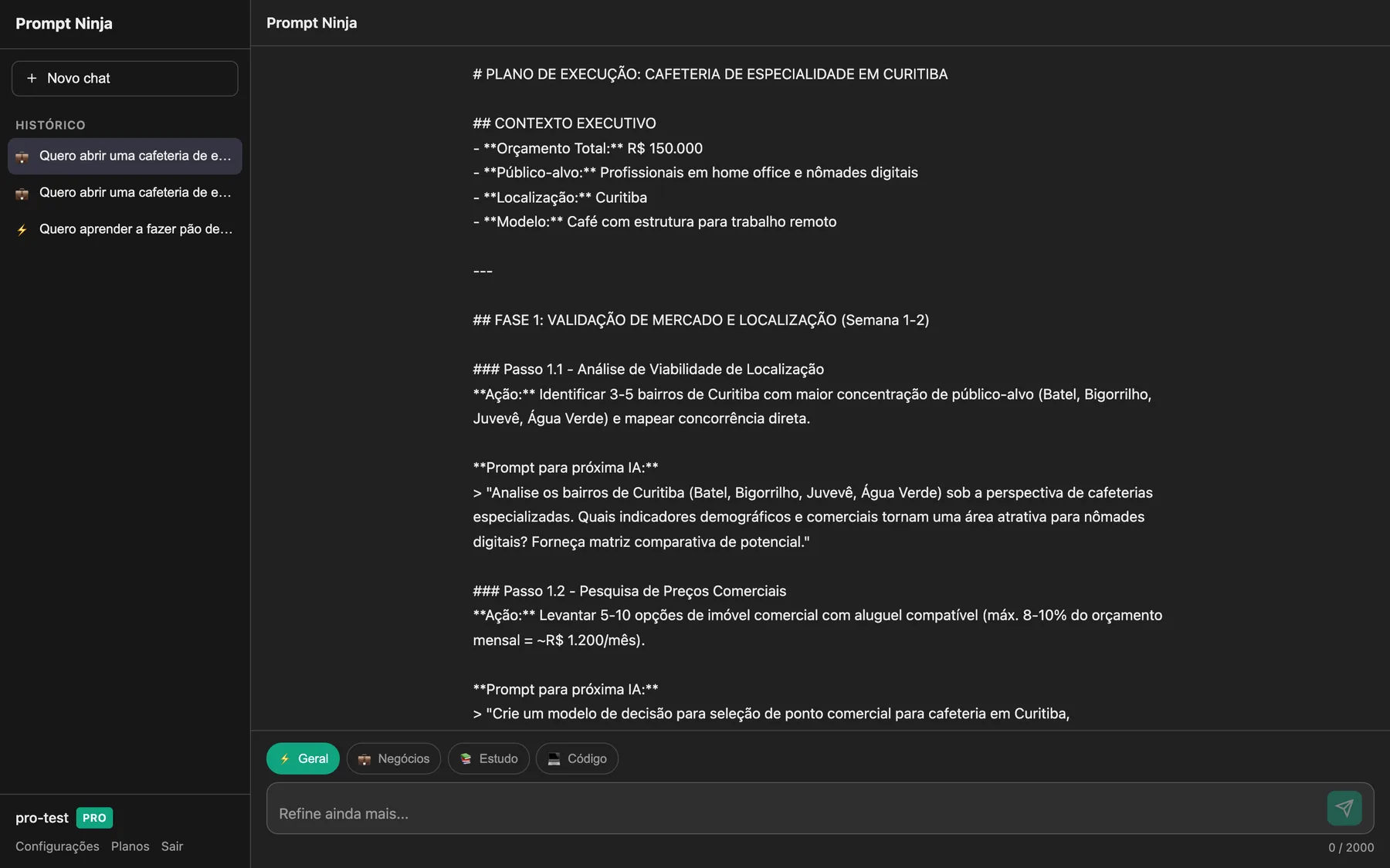 O chat respondendo no modo Business